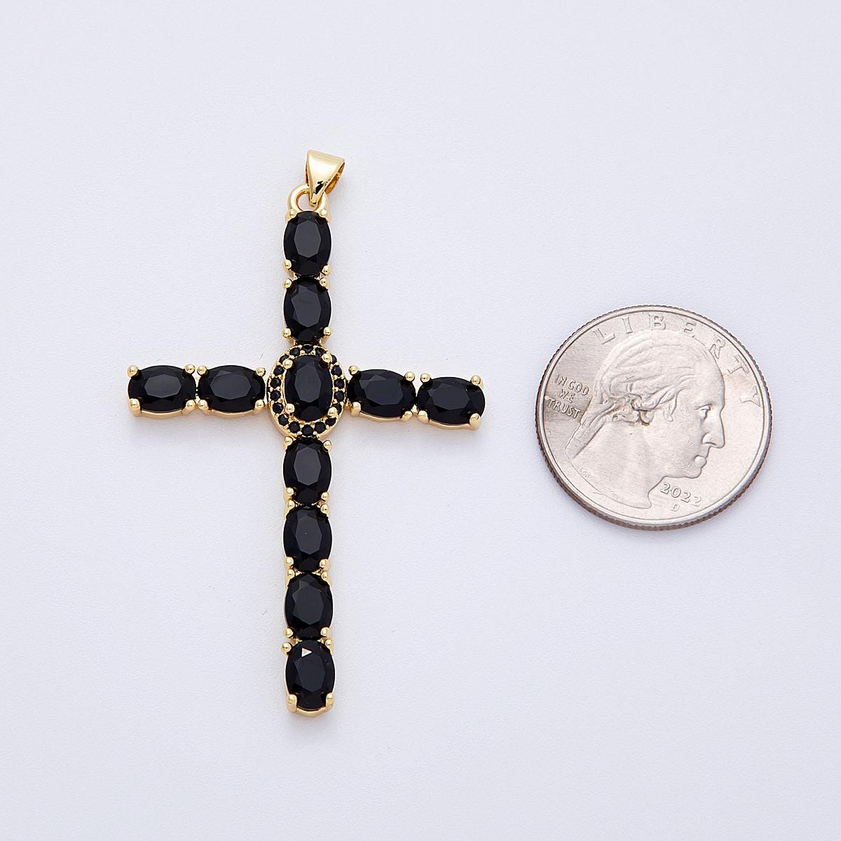 16K Gold Filled 57mm Clear, Black, Multicolor Oval Micro Paved CZ Religious Pendant Christian Necklace Cross Jewelry Supply | Charms-00159