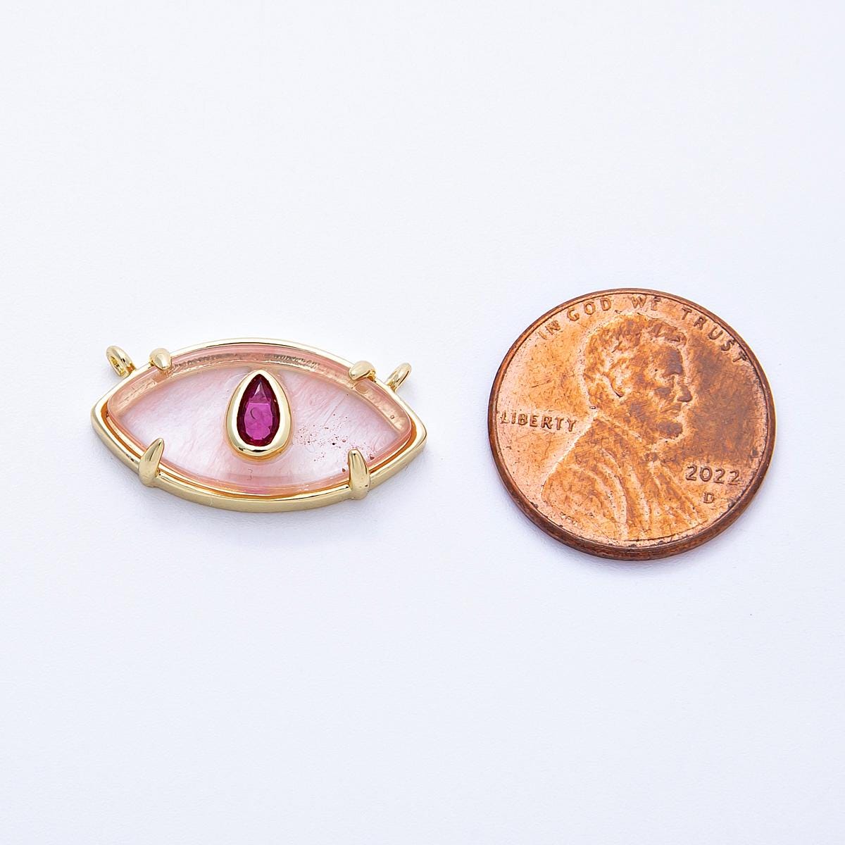 16K Gold Filled 22.5mm Aquamarine, Pink Quartz Fuchsia CZ Evil Eye Connector Statement Stone Charms DIY Jewelry Supply | Connectors-00009