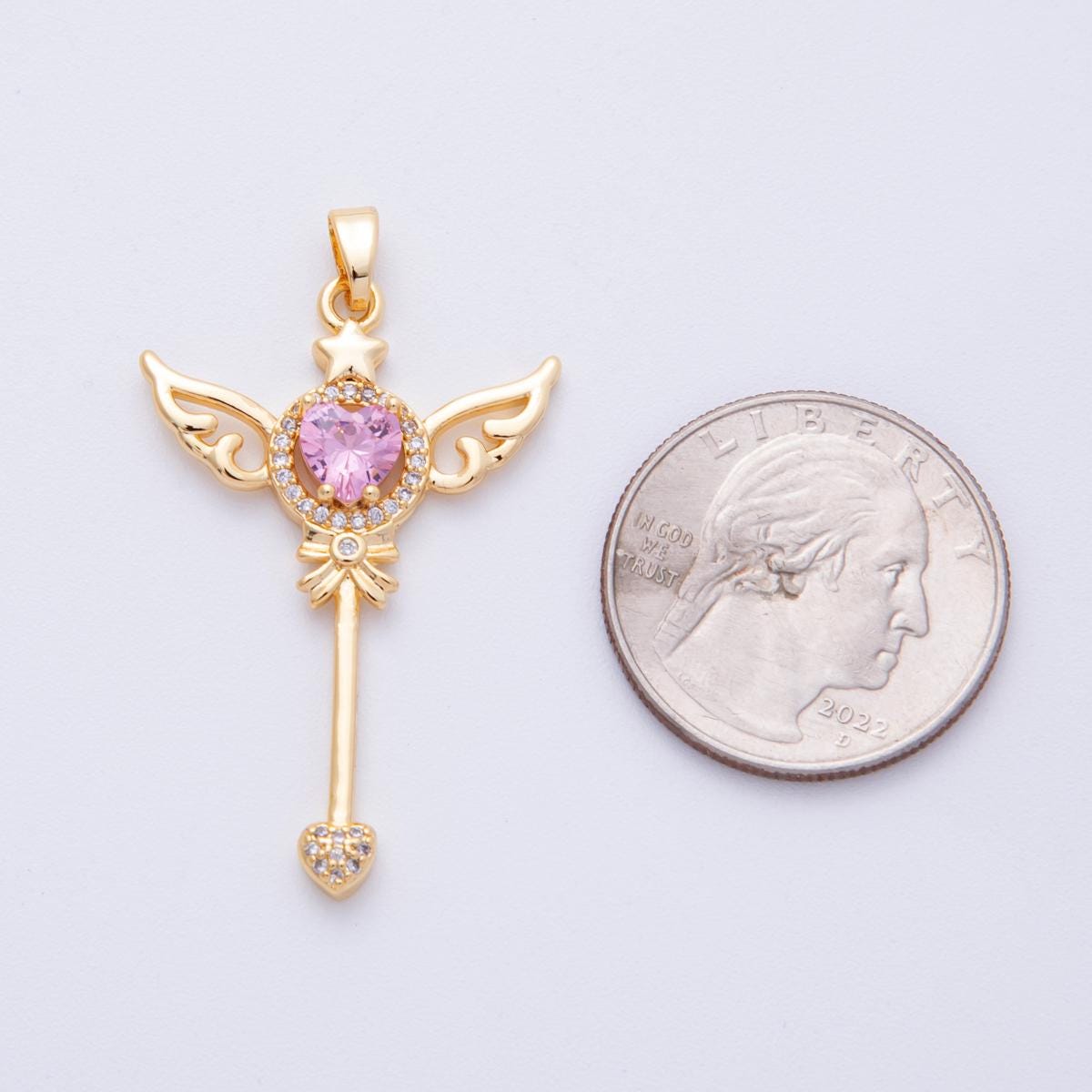 18k gold filled Magical Wings Heart Wand Pendant with Pink Cubic Zirconia Pink Crystal Charm DIY Jewelry Making Supply | CHARMS-00105