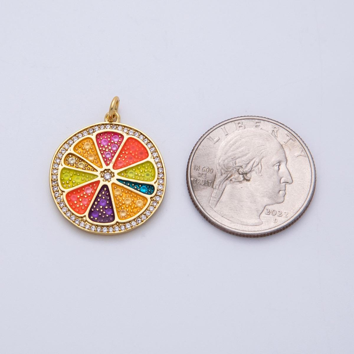 18K Gold Filled 25mm Micro Paved CZ Rainbow Citrus Slice Fruit Medallion Charm Summer Jewelry Making Supply custom necklace | Charms-00138