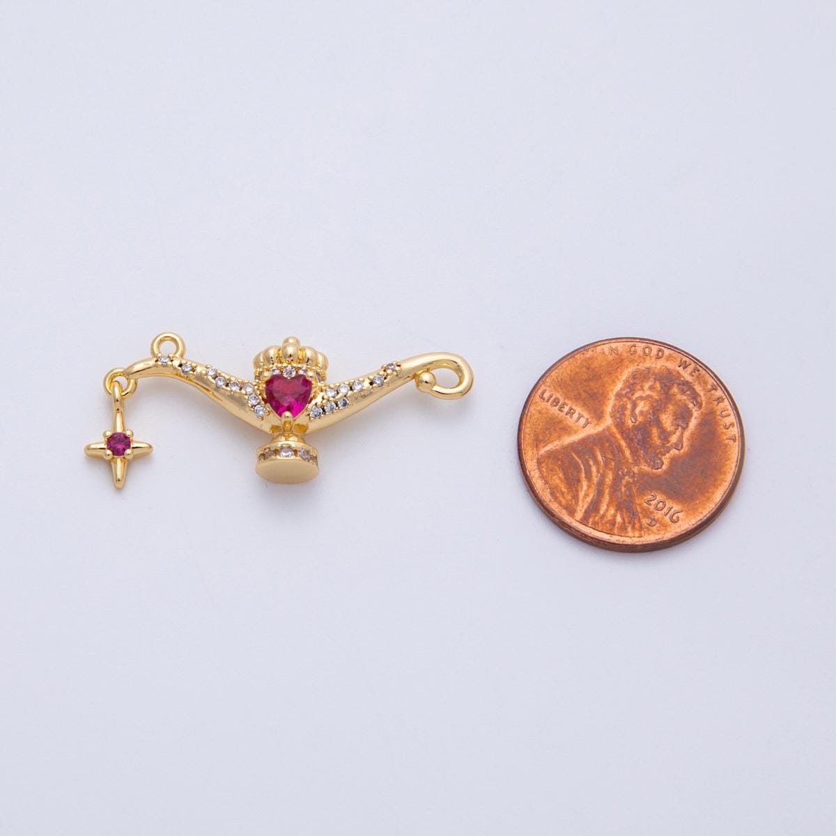 18K Gold Filled 31mm Fuchsia Heart CZ Genie Lamp Dangle Starburst Multidimensional Charm Dainty magic pendant DIY Jewelry | CHARMS-00151