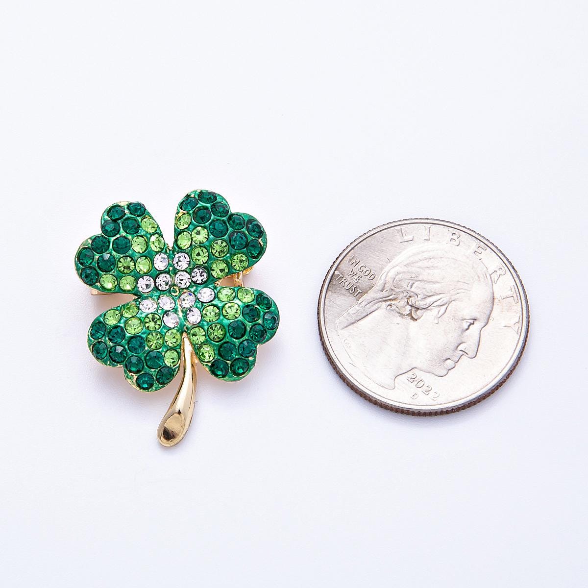 29.3mm Faux micro paved CZ Lucky Four Leaf Clover Brooch green rhinestone shamrock pin unisex St. Patrick's Day Accessory good luck | BH-103