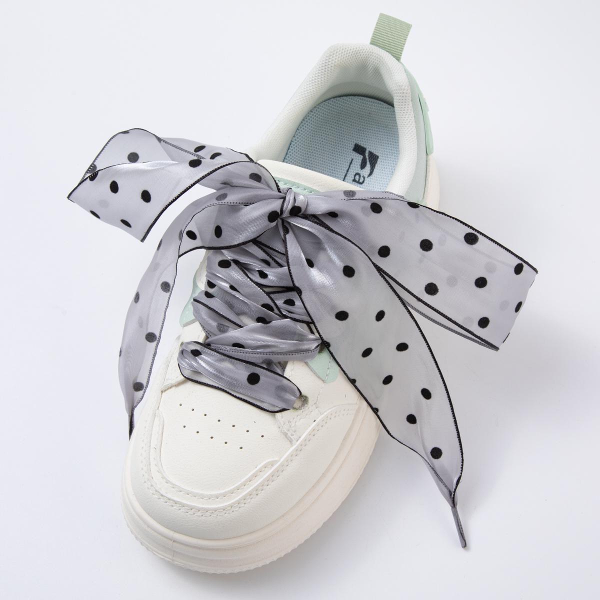 White, Pink, and Grey polka dot ribbon shoelaces romantic wide sheer sneaker laces for Fashion shoe game everyday chic accessory | WB-00309
