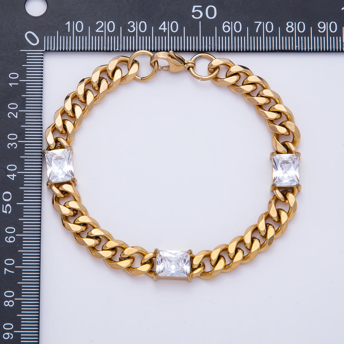 PVD Gold Cuban Link Bracelet with 3 Princess Cut Stones – Hip Hop Statement Chain Bracelet for Women Luxury Chunky Gold Jewelry Gift WA-4163