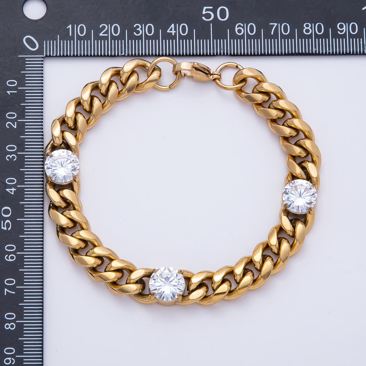 PVD Gold Stainless Steel Cuban Link Bracelet with 3 Crystal Stones Hip Hop Statement Chain Bracelet for Women Chunky Jewelry Gift WA-4160