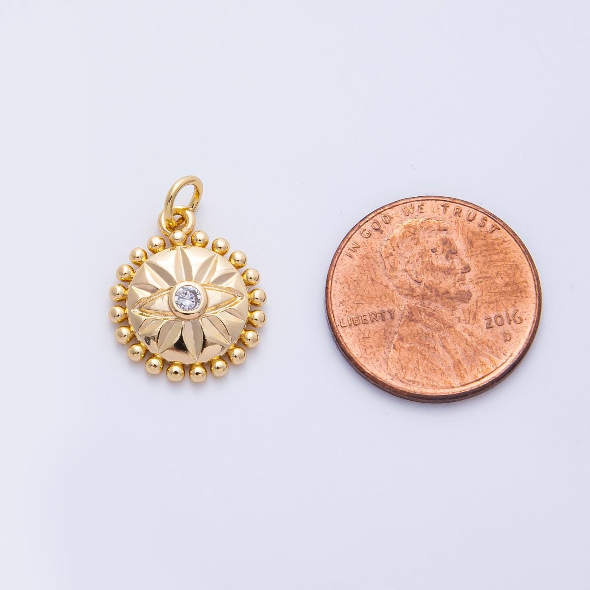 16k Gold Filled Sun Medallion Pendant Evil Eye Sunburst Charm 16.2mm for Necklace Beaded Edge Pendant Spiritual Jewelry Gift | CHARMS-00399