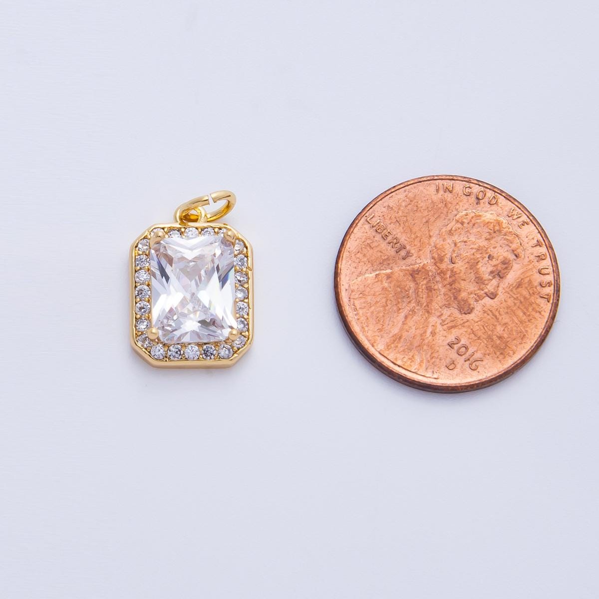 18k gold filled and silver 14.4mm emerald cut birthstone charm rectangular with micro pave CZ jewelry supply necklace | CHARMS-00279