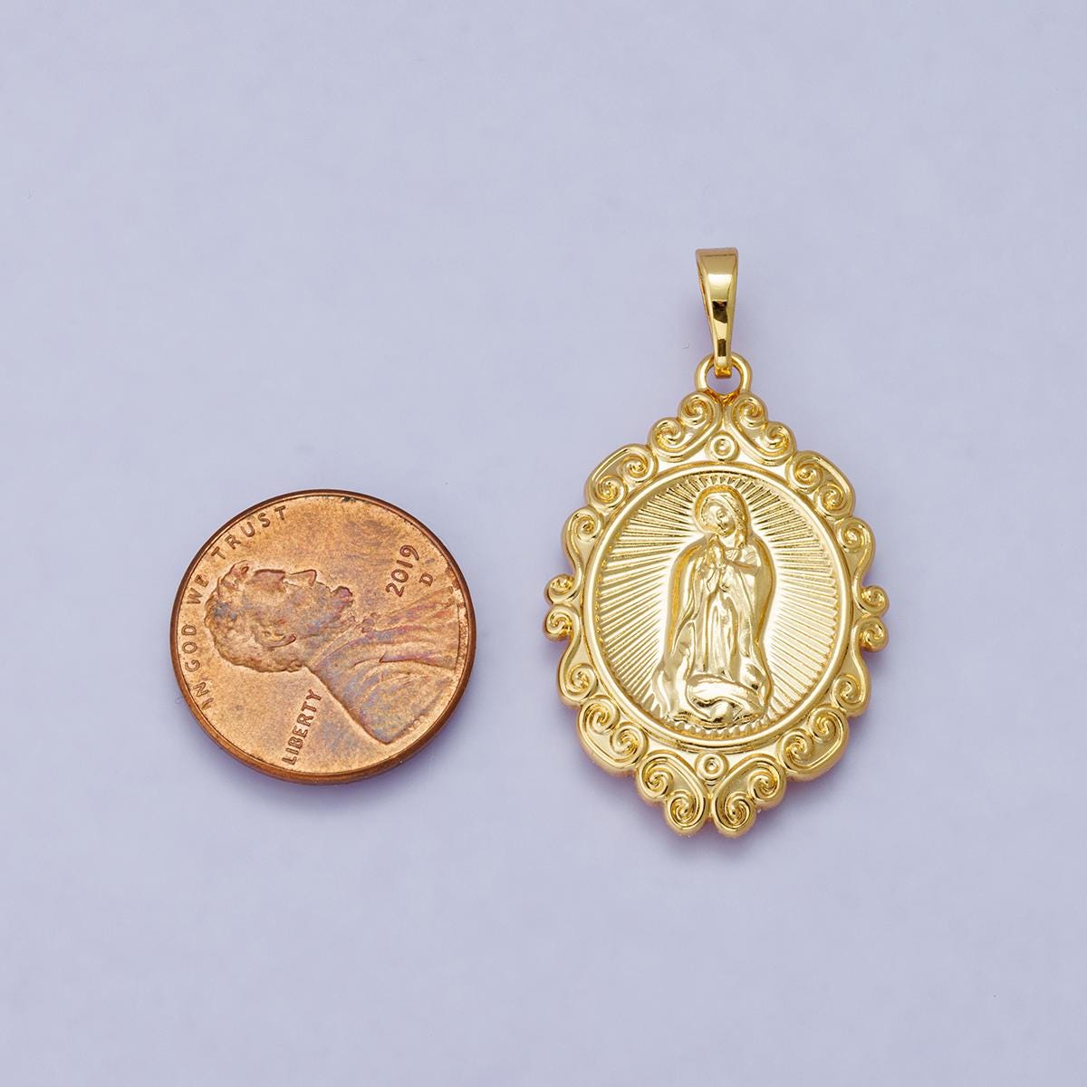 14k & 24k Gold Filled 31.4mm Virgin Mary Charm with Ornate Swirl Frame Our Lady of Guadalupe Oval Religious Jewelry Pendant | H-00278