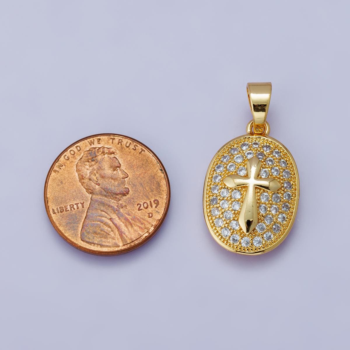 24k Gold Filled and Silver Oval Cross Pendant 21.5mm Sparkling Micro Pave CZ Religious Charm Faith Gift Spiritual Medallion | H-00096