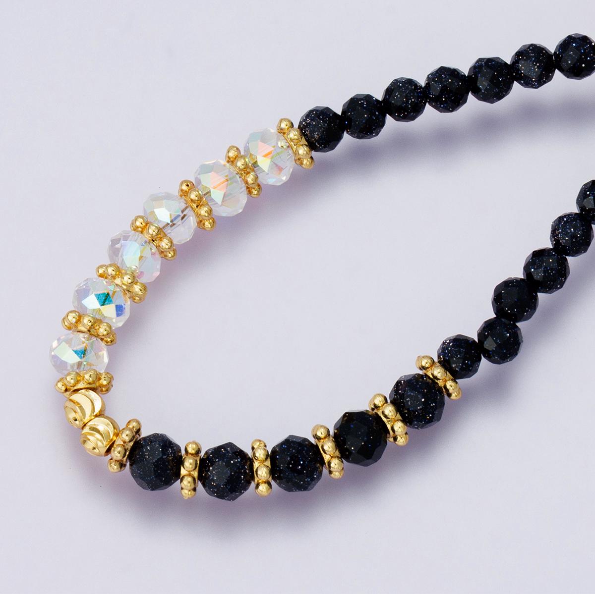 Black Agate and Clear Quartz Beaded Necklace 24k Gold filled Chain Dainty Black Gemstone Minimalist 18 inch Jewelry for Her | WA-04235
