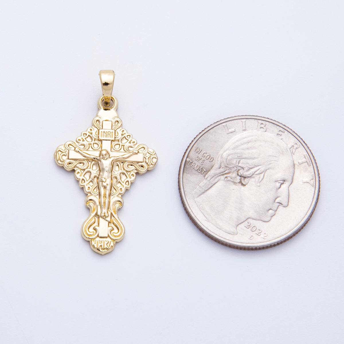 16k Gold Filled Crucifix Pendant 28.8mm Scalloped Filigree Edge Charm Catholic Religious Jewelry Meaningful Gift for Her | CHARMS-00212