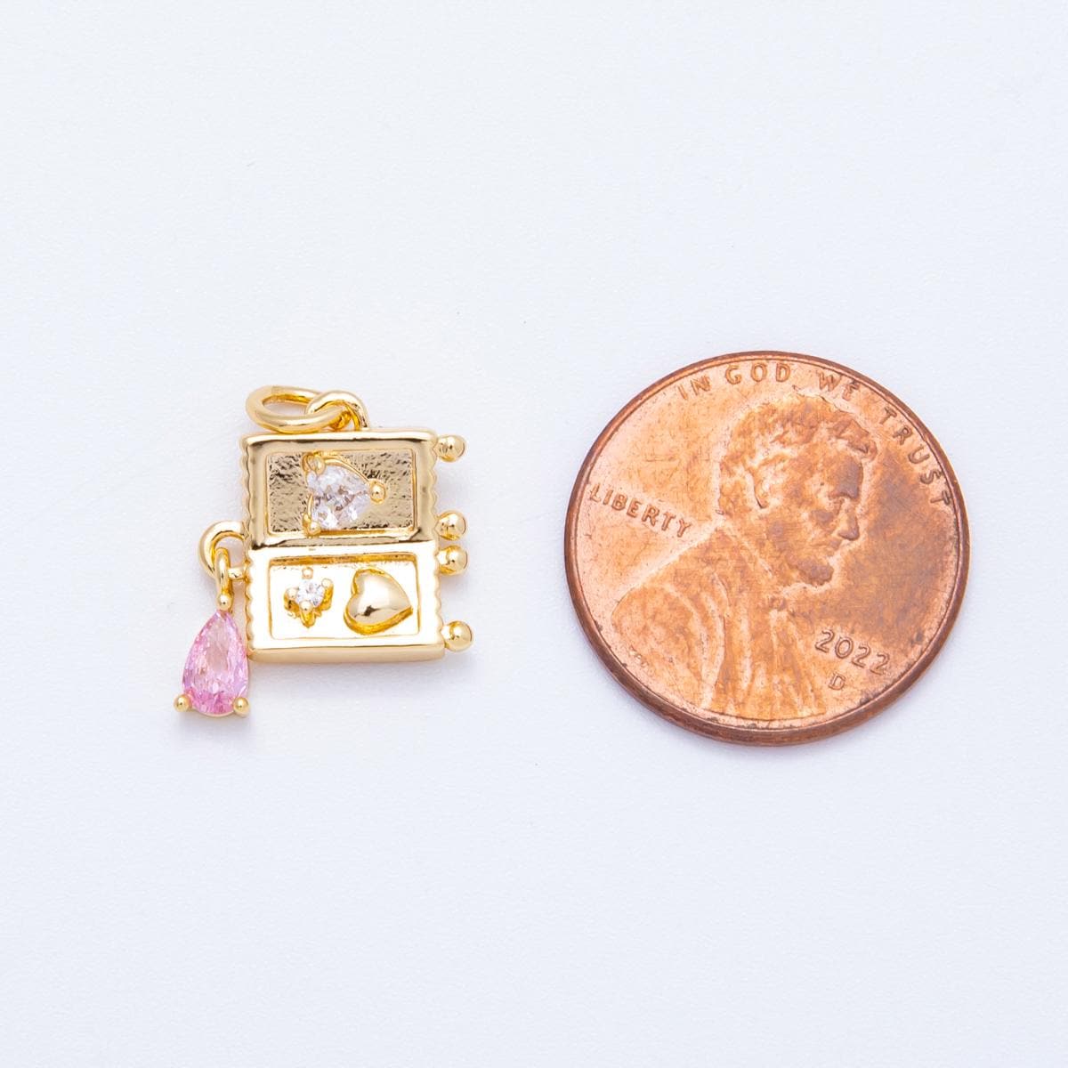 18K Gold Filled Mini Luggage Charm Dainty Travel Pendant for Summer Vacation Jewelry With Pink Tear Drop CZ Stone Charms-00349