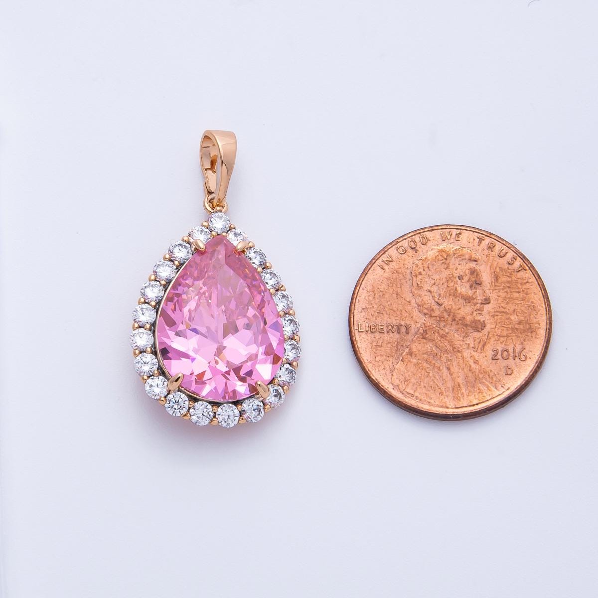 Rose Gold Large CZ Pink Teardrop Pendant Pear Cut Halo Necklace Charm Sparkling Elegant DIY Jewelry Making Supply | CHARMS-00374