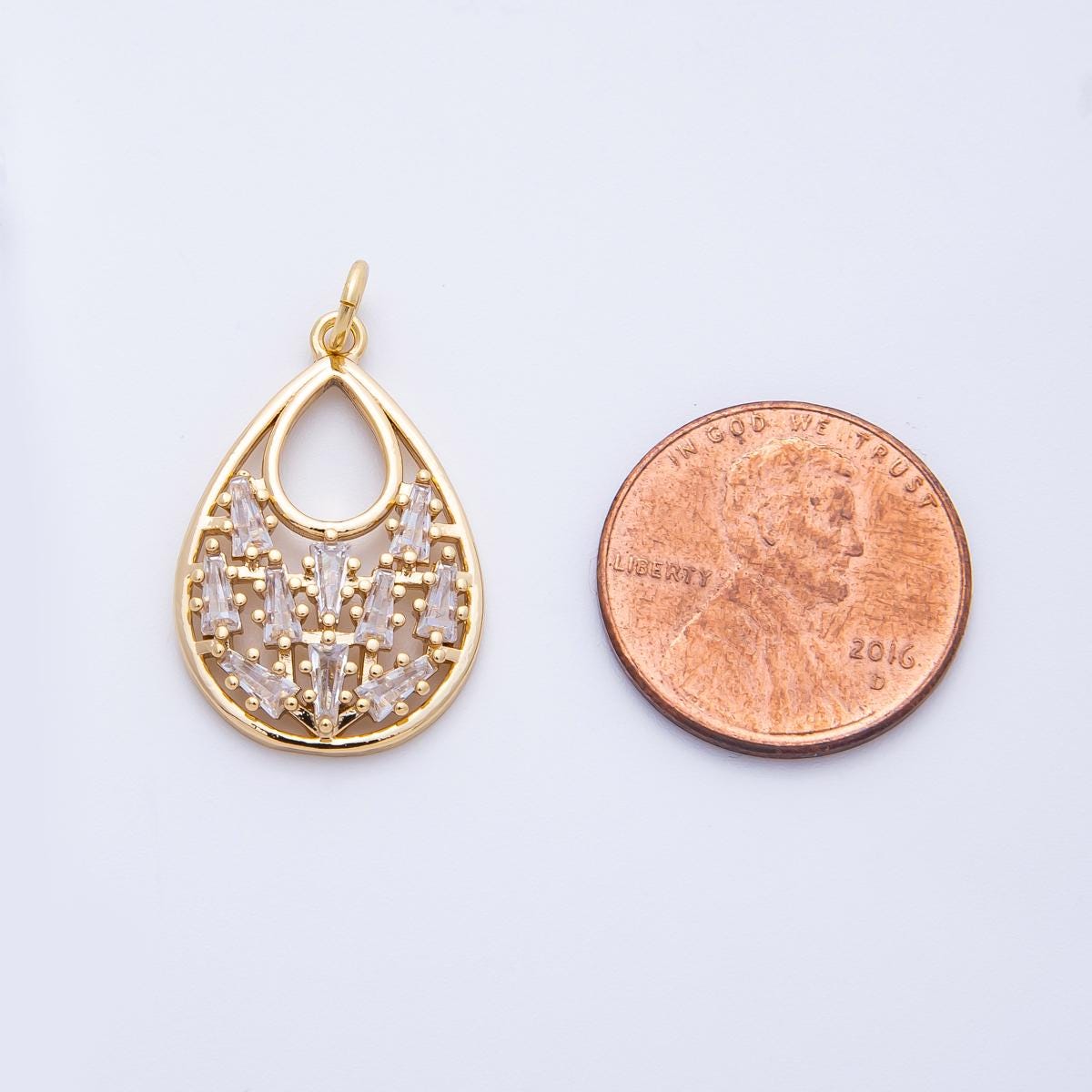 16k Gold Filled Filigree Teardrop Charm with Baguette CZ Vintage Inspired Dainty Necklace and Earrings Charm Jewelry Gift Her | CHARMS-00390