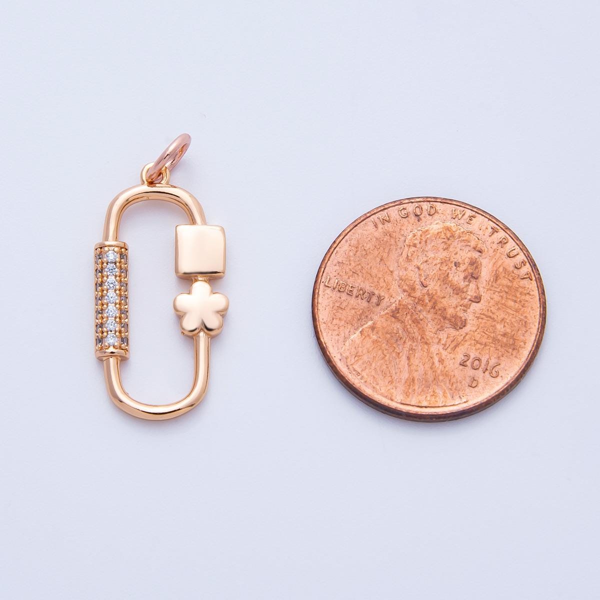 Rose Gold Carabiner Lock Charm 21.8mm Dainty Flower Screw Gate Modern Clasp Charm Holder DIY Jewelry Making Supply Necklace | CHARMS-00396