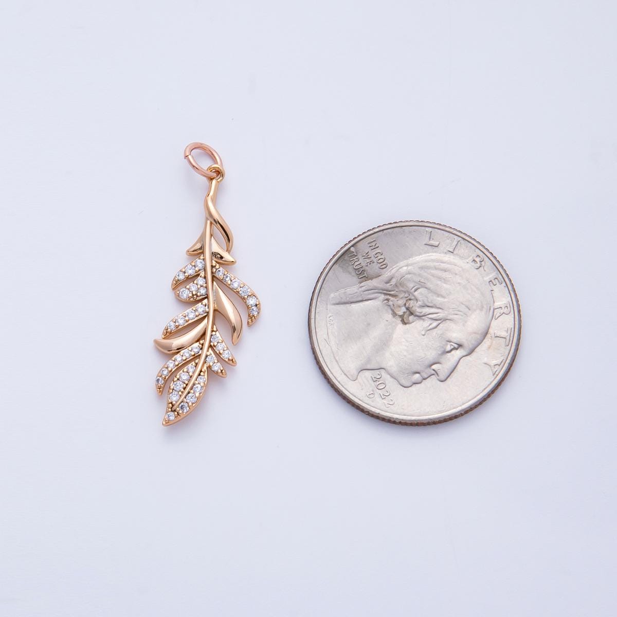 Rose Gold CZ Feather Charm 31.5mm Nature Inspired Leaf Charm Dainty Boho Jewelry for Her Unique Anniversary Gift for Wife | CHARMS-00405