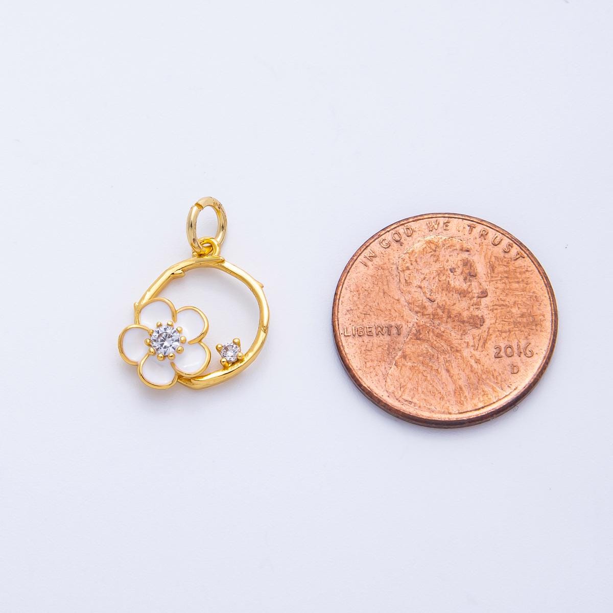 24k Gold Filled White Enamel Flower Wreath Charm 14mm Dainty Botanical Circle Necklace Minimalist Floral Jewelry Gift for Her | CHARMS-00410