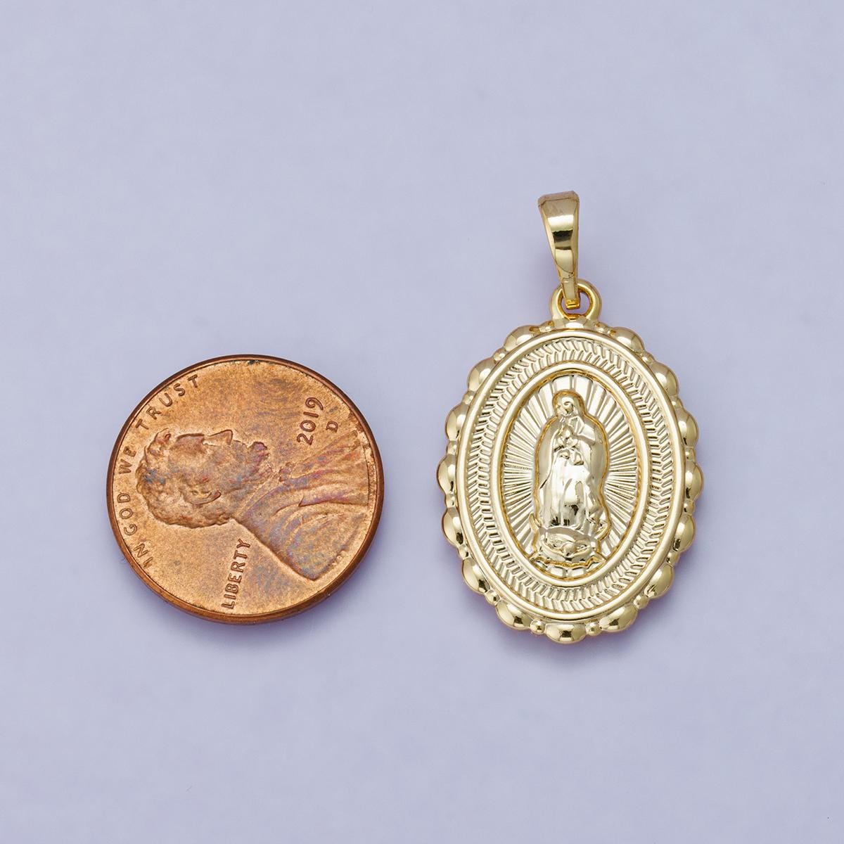 24k Gold Filled 25.8mm Virgin Mary Charm Our Lady of Guadalupe Oval Medallion Religious Jewelry Pendant Scalloped Edge Charm | H-00484