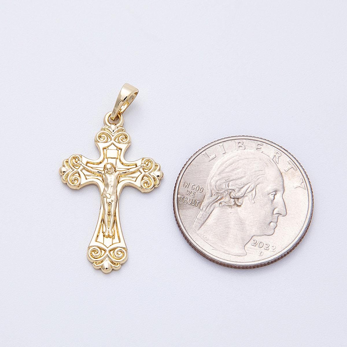 Ornate 14k Gold Filled 29.6mm Filigree Crucifix Vintage Byzantine Style Cross Pendant Catholic Religious Jewelry Swirl Detail | CHARMS-00222