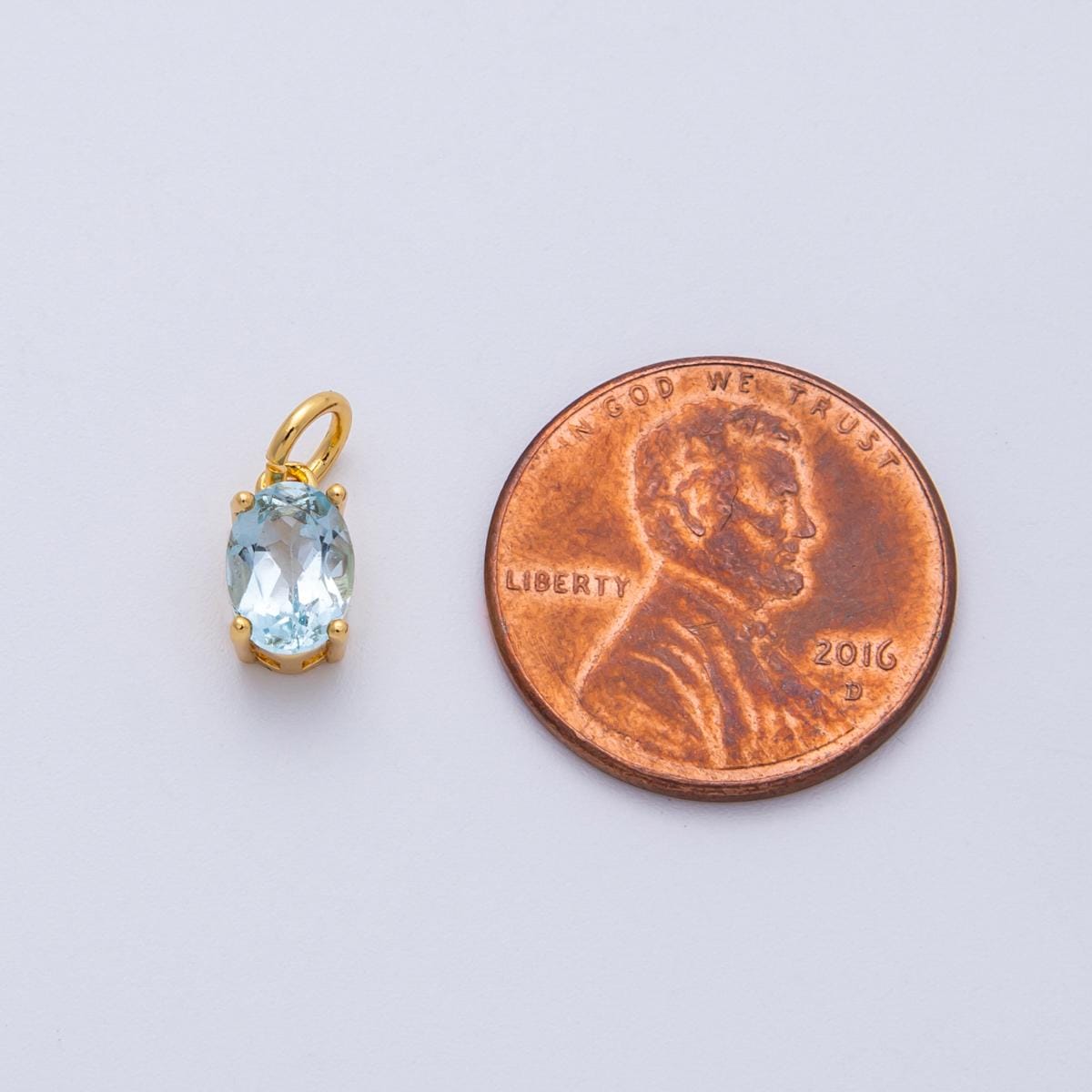 18K Gold Filled 8.8mm Light Blue CZ Oval Birthstone Charm Aquamarine March Pendant Minimalist Amulet Gift for Her | Charms-00330