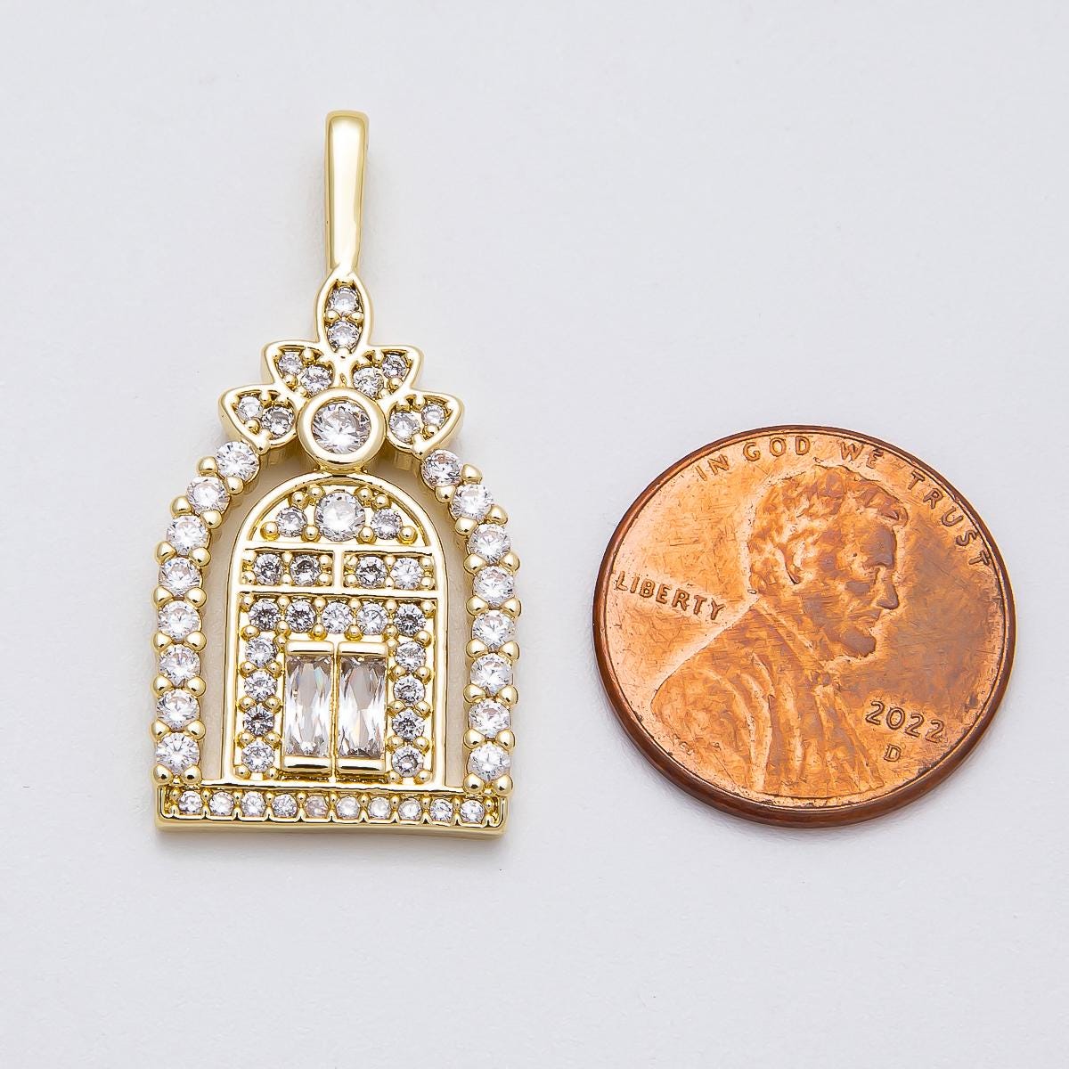 16k Gold Filled 34.1mm Arched Window Pendant Micro paved CZ Cathedral Charm Dainty Celestial Jewelry Supply Gift for her | CHARMS-00462