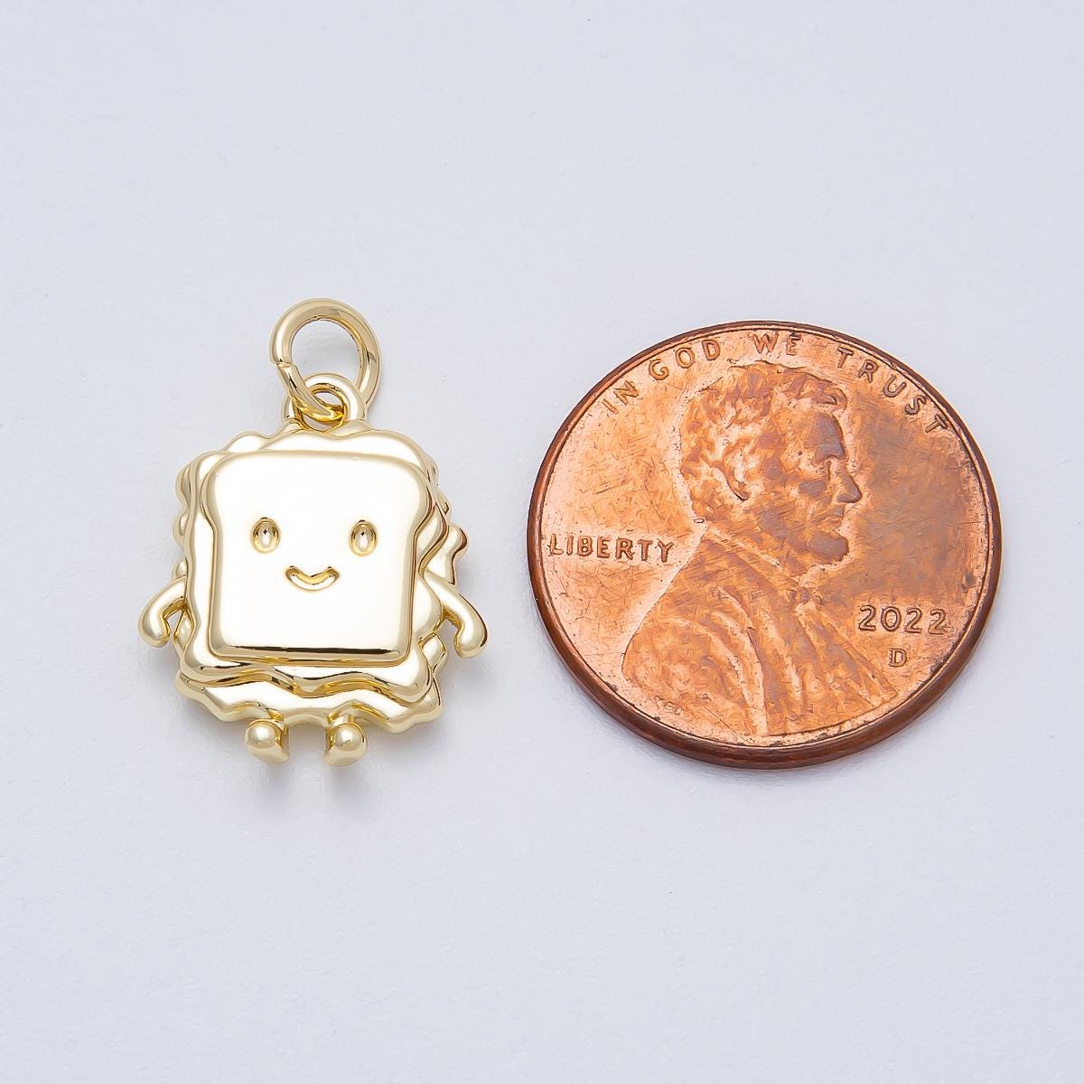 16k Gold Filled 16.7mm Smiley Toast Charm Kawaii Sandwich Bread Jewelry Breakfast Foodie Gift for Her DIY Supply for Necklace | CHARMS-00458