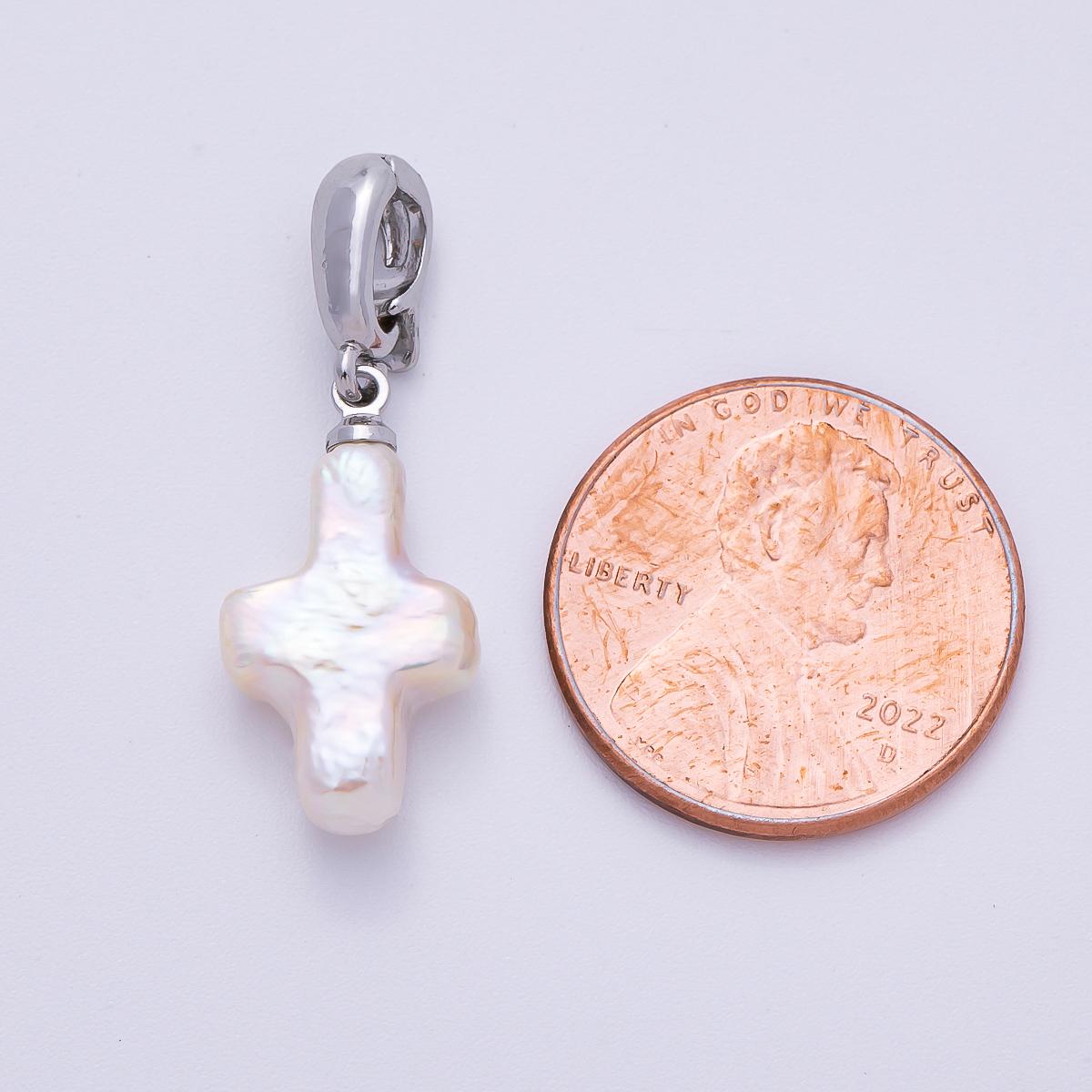 Silver 18.5mm Freshwater Pearl Cross Charm Baroque Pearl Pendant for Jewelry Making Faith Inspired DIY Supply custom necklace | CHARMS-00475