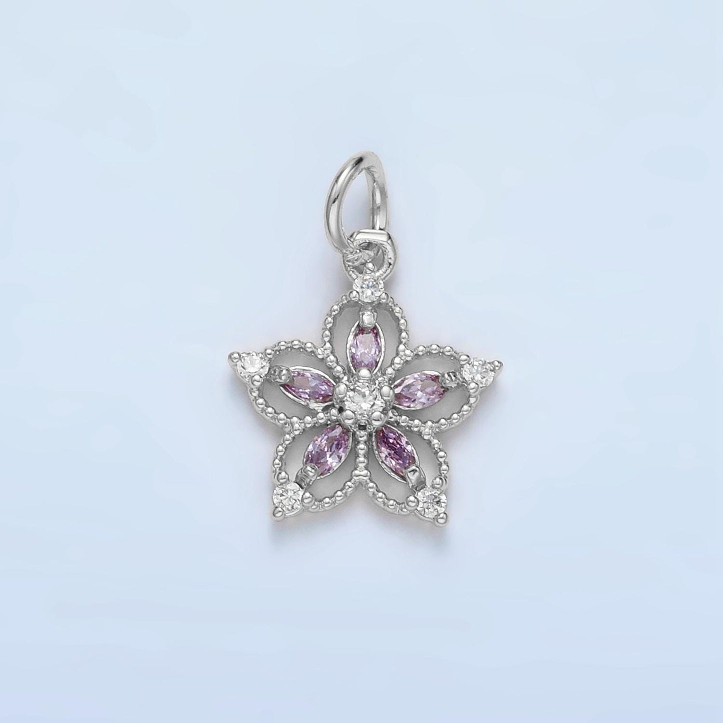 Micro Pave CZ Flower Charm Pendant, Rhodium Plated Copper Dainty Charm Charms-00192