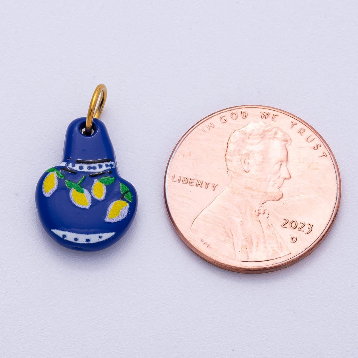 PVD Stainless Steel 15mm Lemon Mediterranean Blue Vase Enamel Charm Summer Fruit Jug Pendant Jewelry Supply custom Necklace | Charms-00499