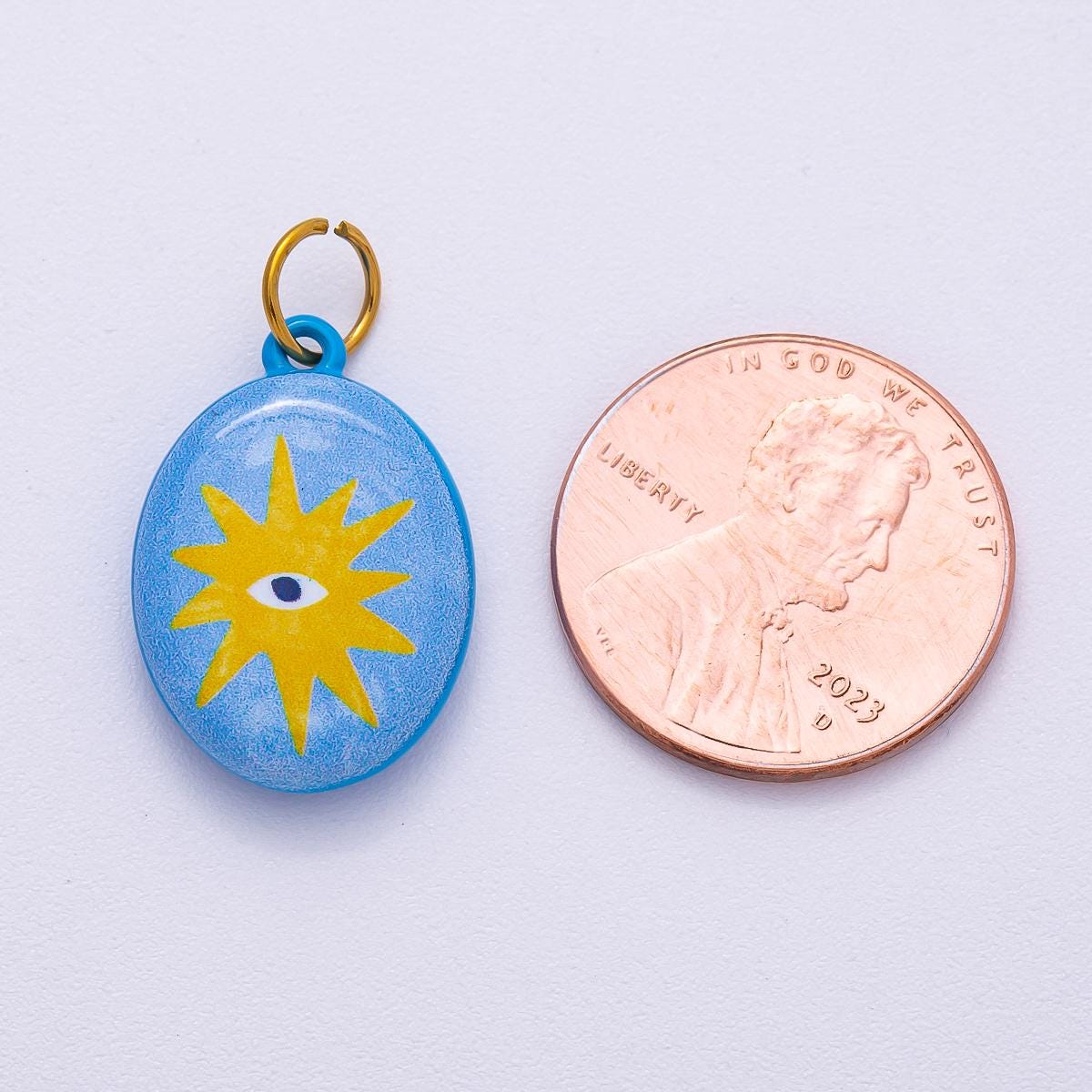 PVD Stainless Steel 20mm Blue Sun Eye Enamel Oval Charm | Charms-00504