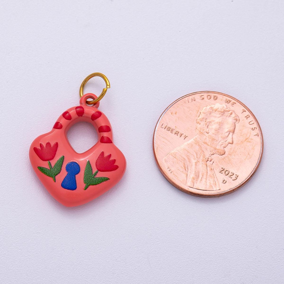 PVD Stainless Steel 21mm Pink Enamel Flower Heart Padlock Charm Whimsical Love Lock pendant DIY Jewelry Supply | Charms-00509