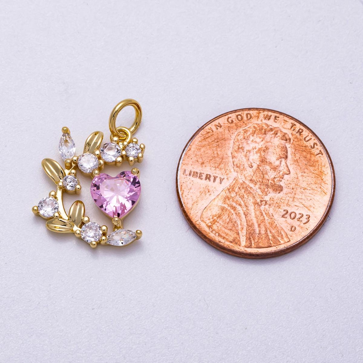 16K Gold Filled 16mm Pink Heart CZ Curved Leaf Flower Charm Dainty Wreath Pendant DIY Necklace Bracelet Making Romantic Gift | Charms-00539
