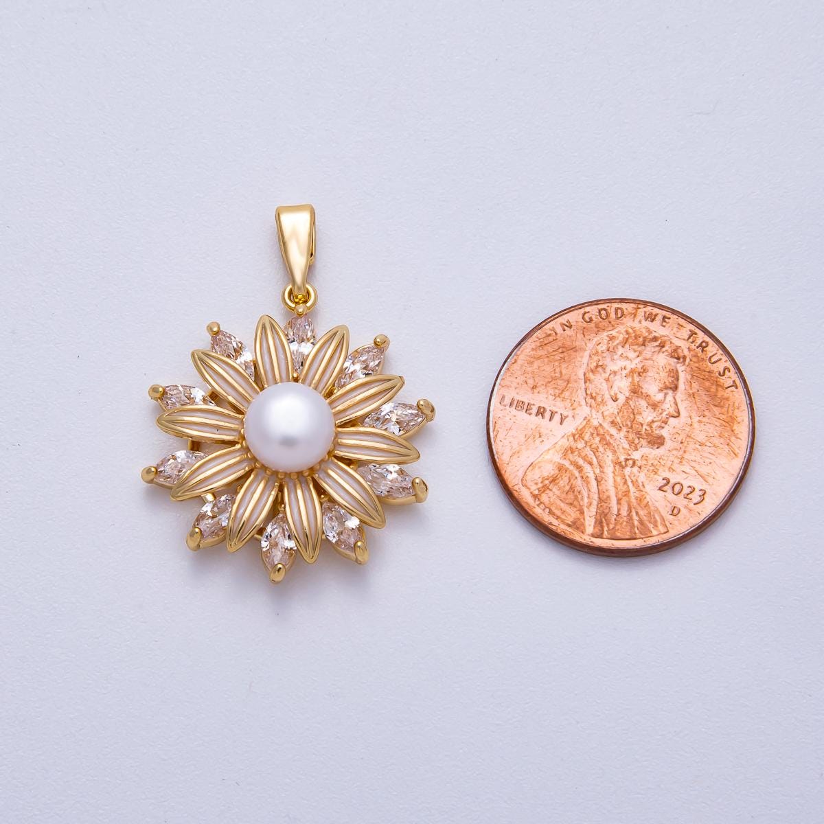18K Gold Filled 23mm Shell Pearl Marquise CZ Blooming Flower Pendant Sunburst Floral Charm Custom Necklace and Bracelet her | Charms-00639