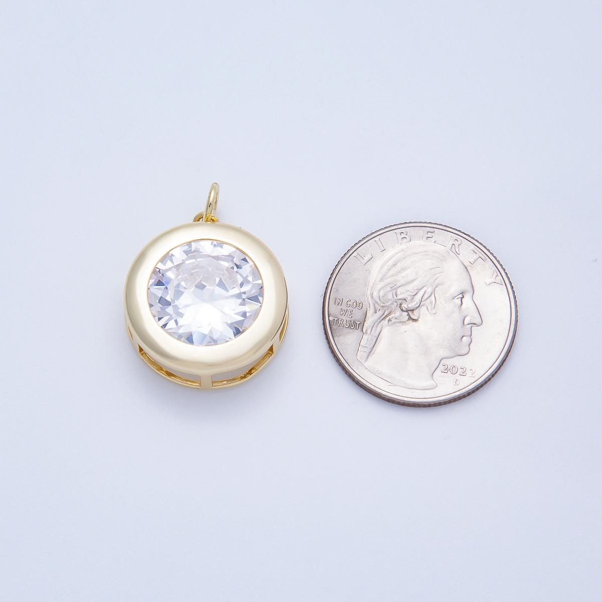 16k Gold Filled 23mm Round Solitaire Charm with Clear CZ Minimalist Dangle Wedding Jewelry for Necklaces DIY Supply | CHARMS-00658