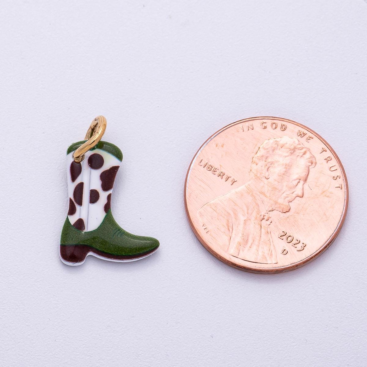 PVD Stainless Steel 15mm Green Cow-Print Cowboy Boots Enamel Charm Western Cowgirl Pendant Jewelry Making Supply | Charms-00507
