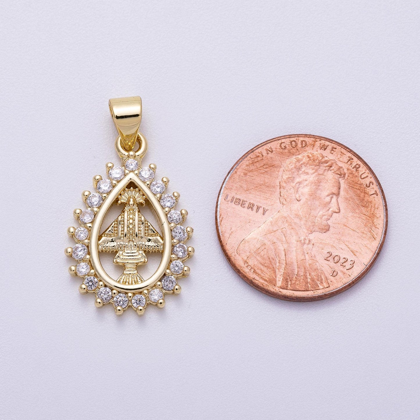Tear Drop CZ Micro Pave Our Lady of Aparecida – 16k Gold Filled Religious Teardrop Pendant Medallion for Catholic Jewelry Supply Charms-566