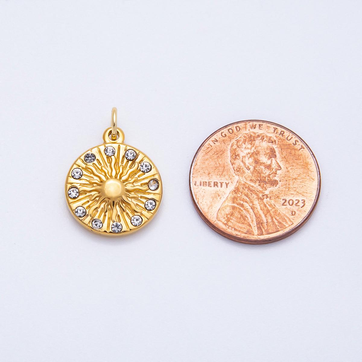 PVD Stainless Steel 16mm Clear CZ Celestial Sunburst Medallion Charm Textured Astrology Jewelry DIY Supply for Necklace | Charms-00708
