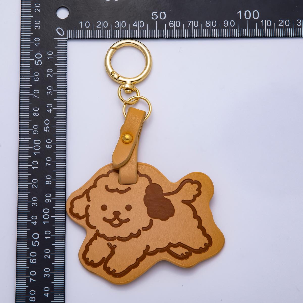18K Gold Filled 140mm Pastel Brown Puppy Pet PU Leather Bag Charm Keychain Tan Dog Key Fob Kid Backpack School Accessory | WB-00320