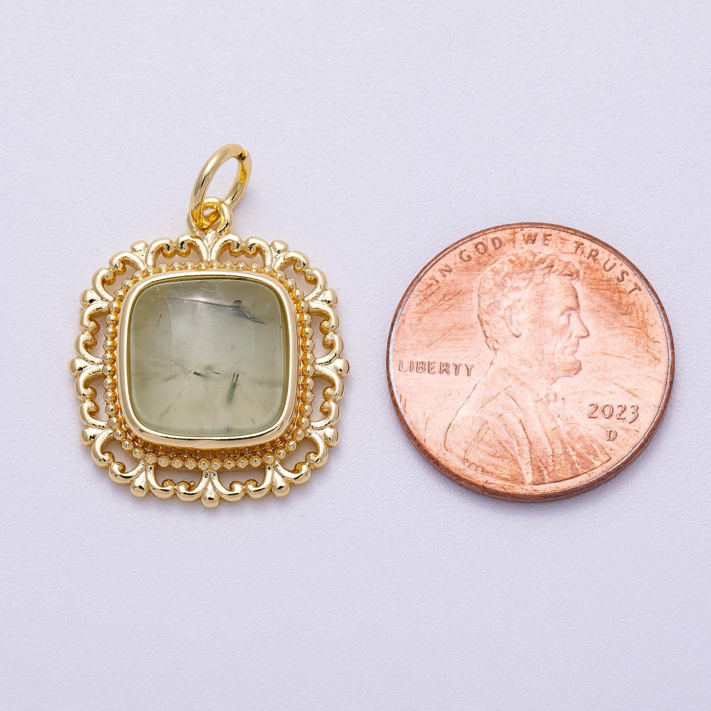 16K Gold Filled 20mm Aquamarine, Amethyst, Prehnite Square Gemstone Artisan Bezel Charm Ornate Filigree Vintage Style Supply | Charms-00603