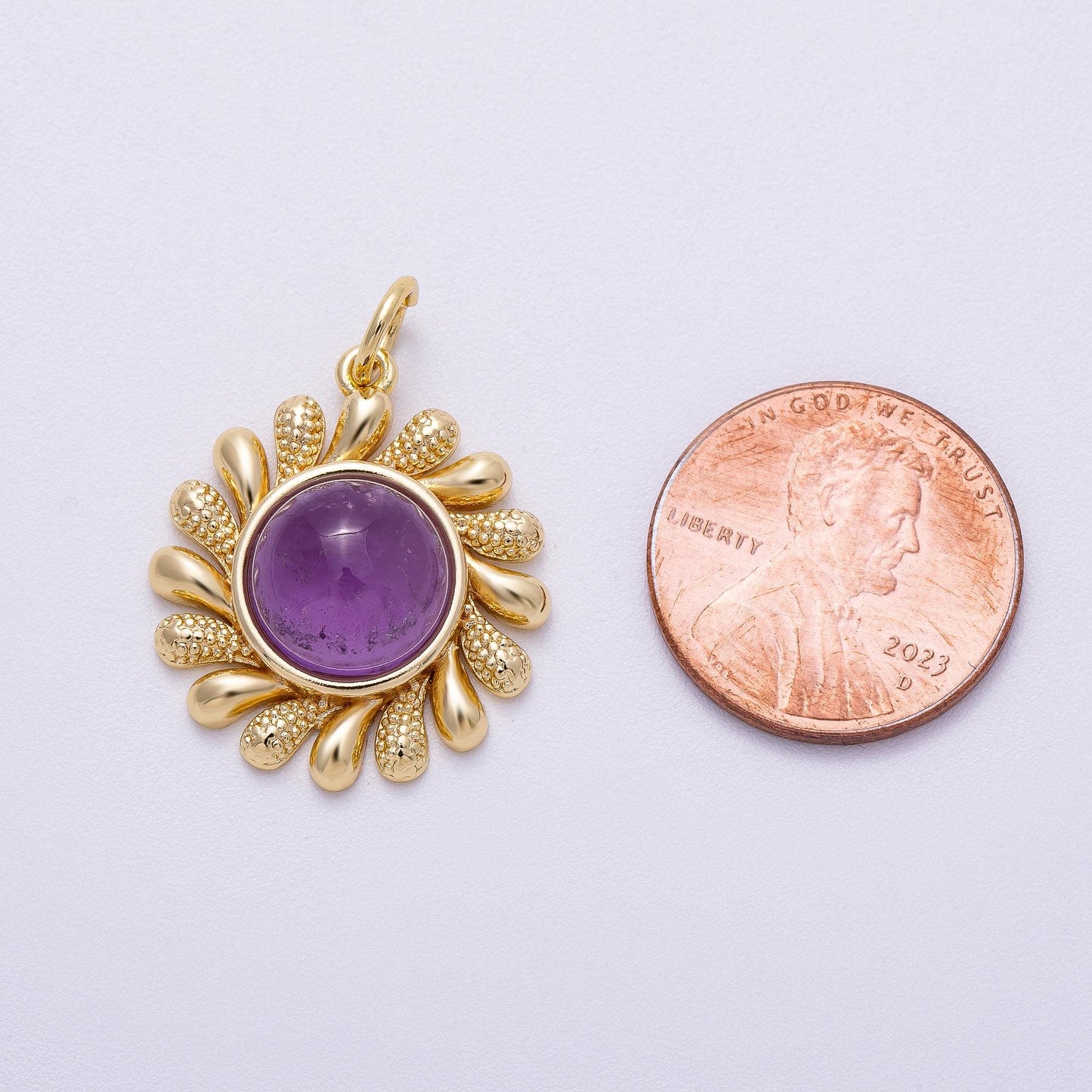 16K Gold Filled 23mm Amethyst, Carnelian Cabochon Gemstone Celestial Sun Ray Charm Textured Boho Sunburst Necklace DIY Supply | Charms-00610