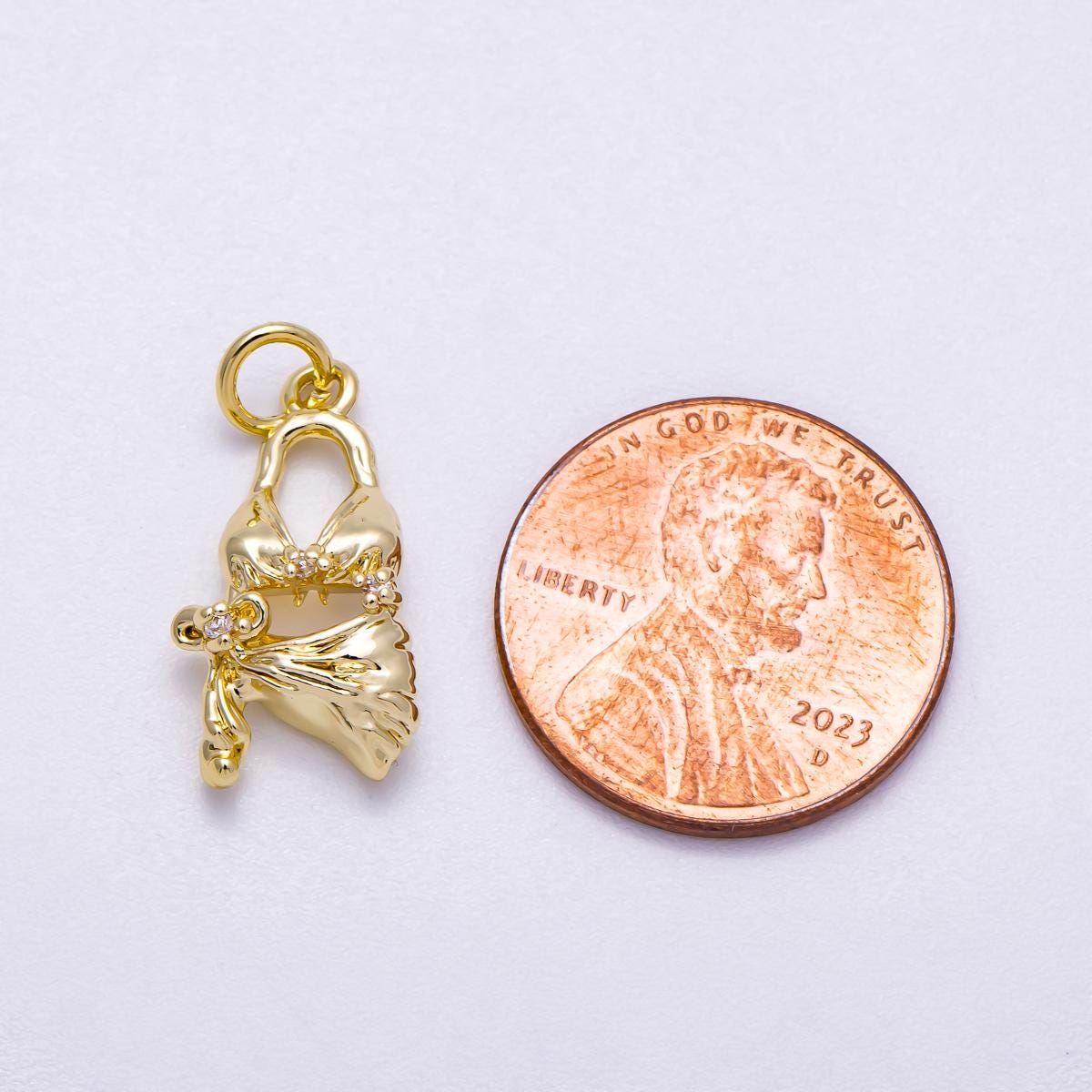 16K Gold Filled 19mm Clear CZ Summer Beach Bikini 3D Multidimensional Charm Tropical Swimsuit Pendant with CZ travel gift | Charms-00631