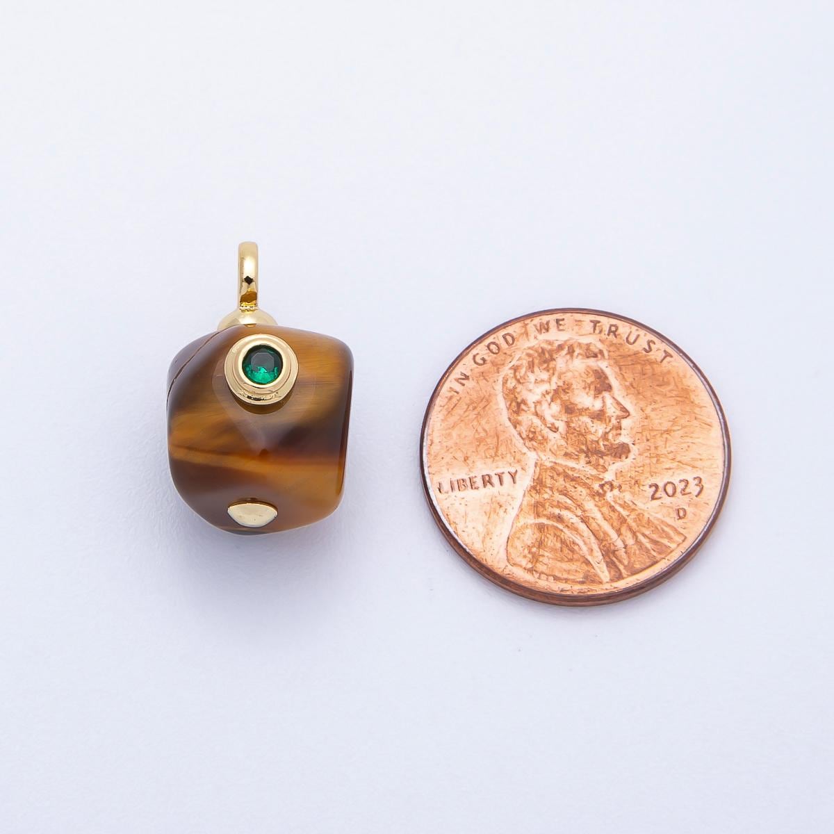 16K Gold Filled 18mm Green CZ Tiger Eye Natural Gemstone Asymmetric Mini Charm Minimalist Earthy Gift Modern Boho Necklace | Charms-00650