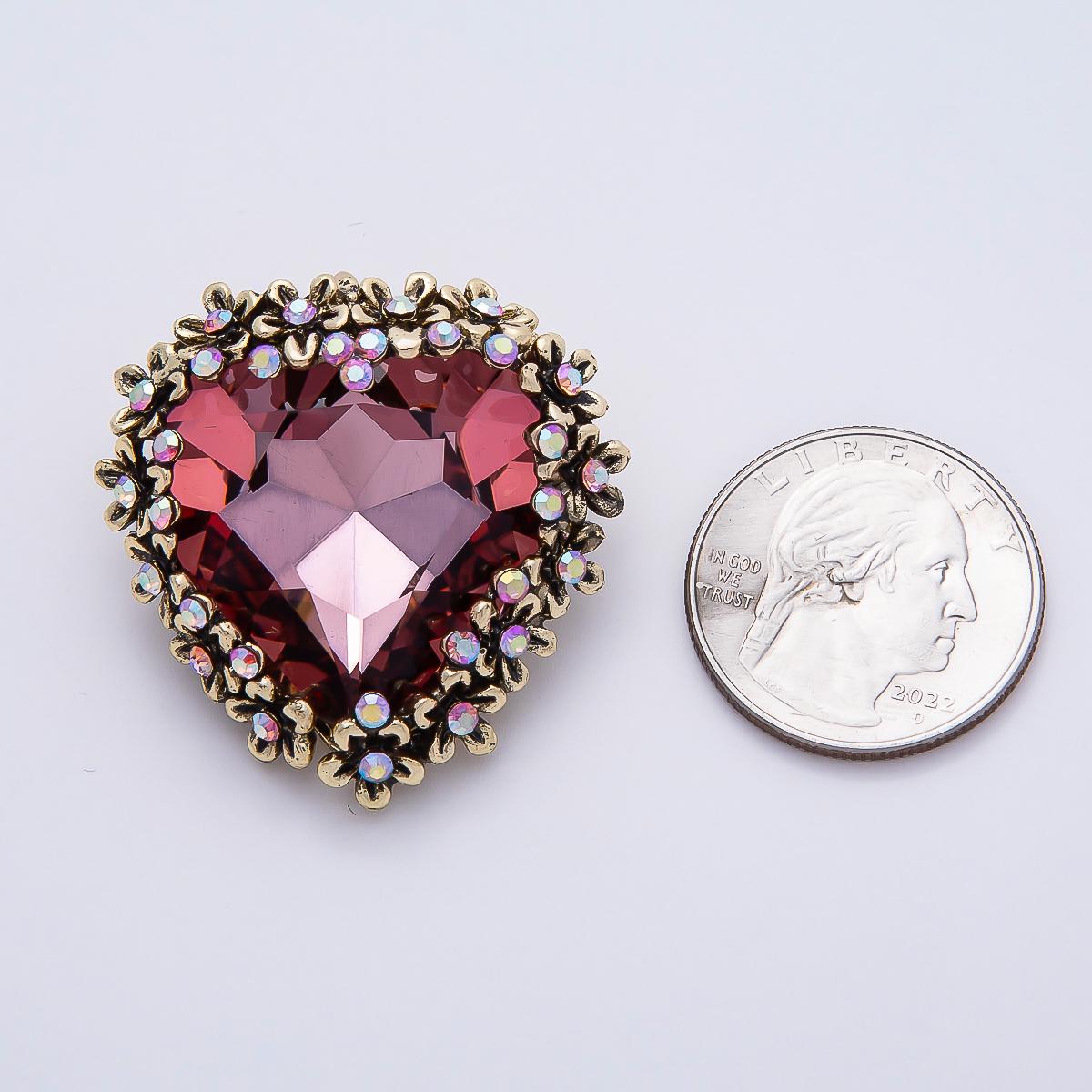 Vintage Heart Brooch 36mm Crystal Rhinestone Pin Red Purple Antique Gold Valentine Gift Romantic Costume Jewelry | BH-121