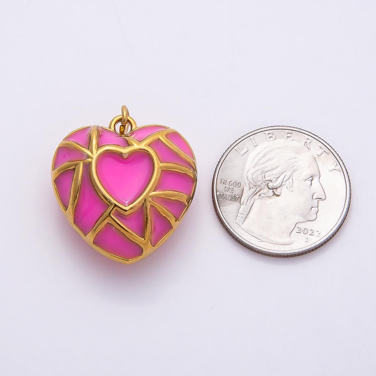 18k Stainless Steel Gold Pink Mosaic Heart Dangle Charm Whimsical Jewelry for Her DIY Supply for custom Necklace and Bracelet | CHARMS-00788