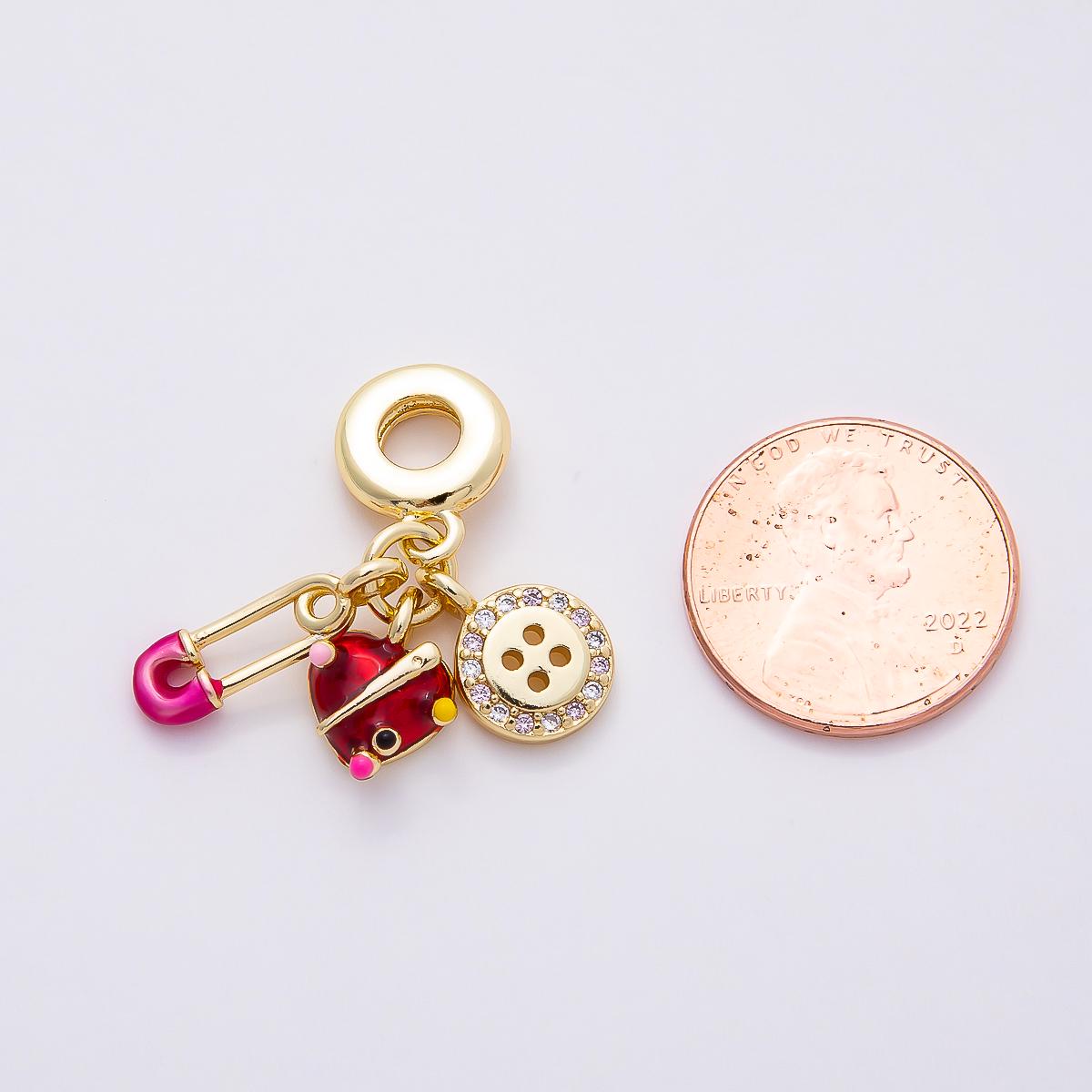 16k Gold Filled 29mm Sewing Themed Charm for Bracelet Safety Pin Heart and Button Bead Crafting Hobby Jewelry Making Supply | CHARMS-00853