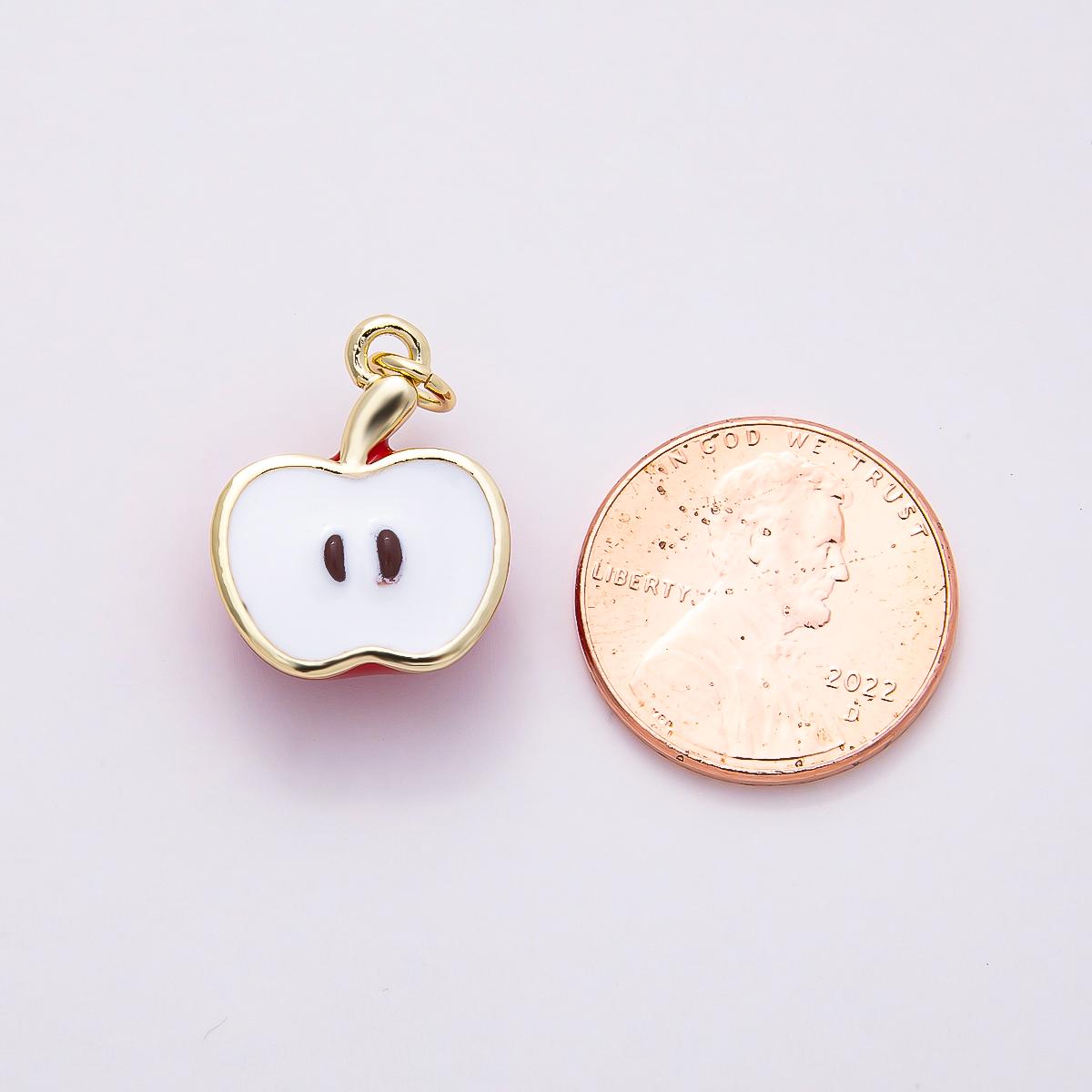 16k Gold Filled 18mm Red Enamel Apple Red Sliced Fruit Pendant Teacher Gift Jewelry Findings DIY Necklace Making Supply | CHARMS-00852