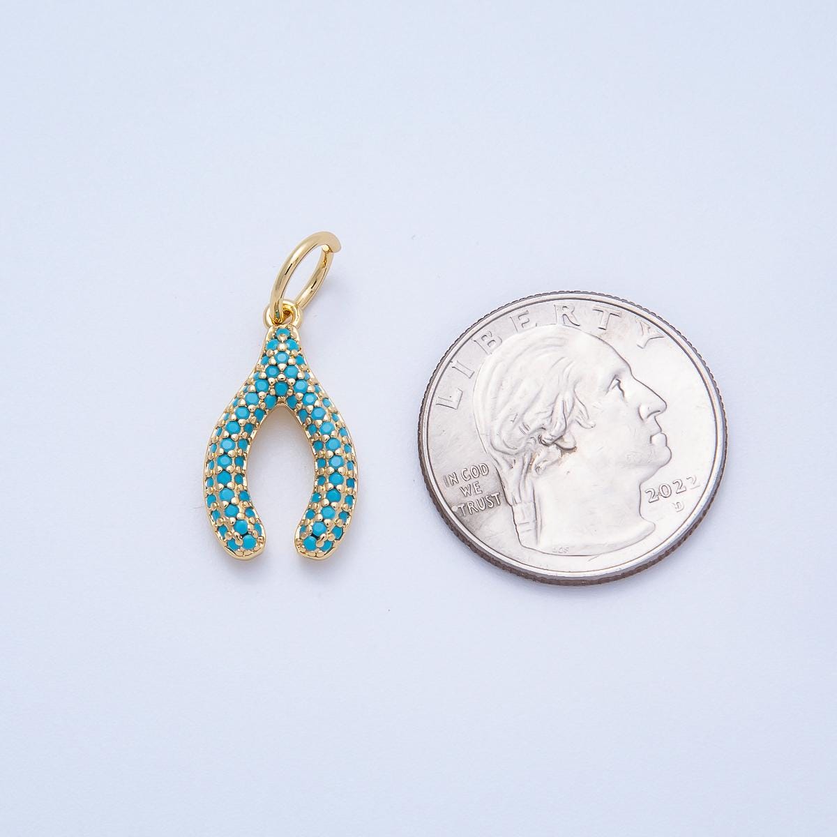 16k Gold Filled 22mm Micro Paved CZ Clear and Turquoise Wishbone Pendant Lucky Pendant DIY Jewelry Making Supply for Necklace | CHARMS-00659