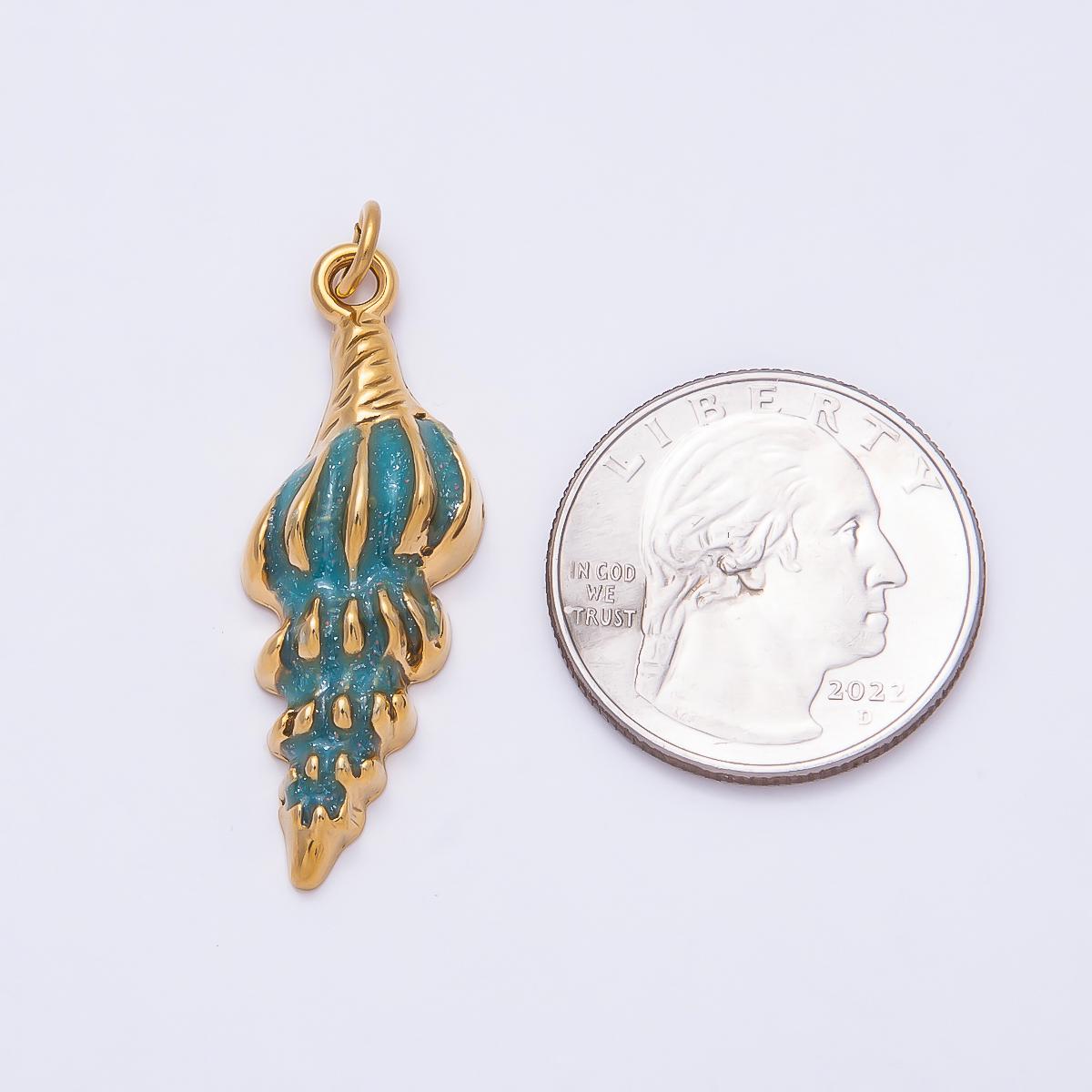 18k PVD Gold Stainless Steel Conch Shell Charm 38mm Turquoise Enamel Ocean Theme Pendant Nautical Gift for Her | CHARMS-00781
