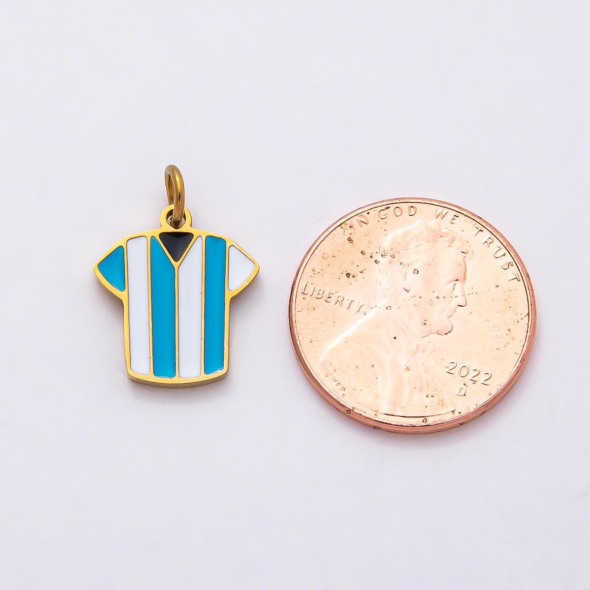 18k Stainless Steel 14mm Argentina Soccer Jersey Charm Painted Enamel Blue White Striped Pendant Football Sports Fan Gift | CHARMS-00795