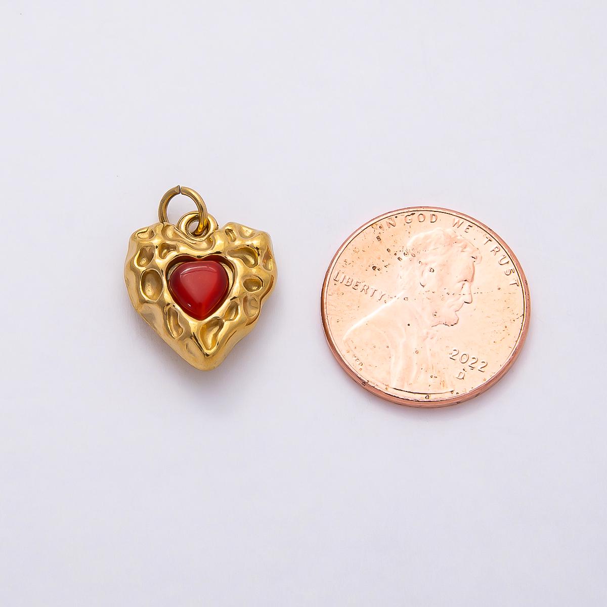 18k Stainless Steel 16mm Gold Molten Red Heart Charm Textured Hammered Puffy Love Pendant Romantic Valentine Gift DIY | CHARMS-00801